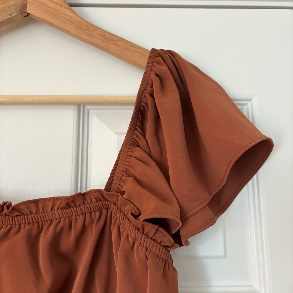Abercrombie and Fitch Flutter Sleeve Smocked Top Crop Tank Brown Rust M Flowy - Picture 4 of 7